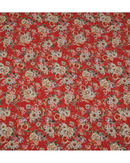 Red Multicolor Tropical Floral Print Viscose Crepe Fabric, 110 Cms, India-D23475