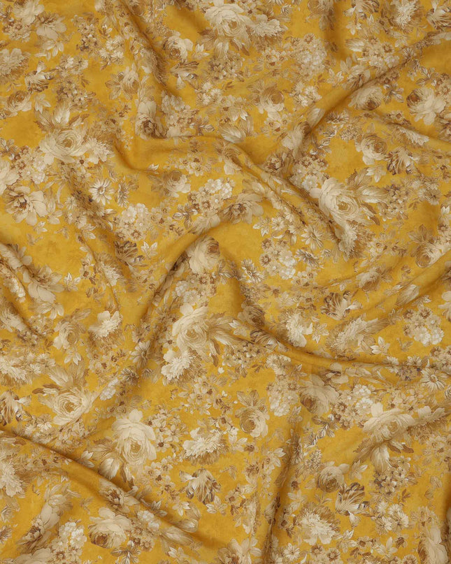 Mustard Beige All Over Floral Print Viscose Crepe Fabric, 110 Cms, India-D23476 - Regal Fabrics