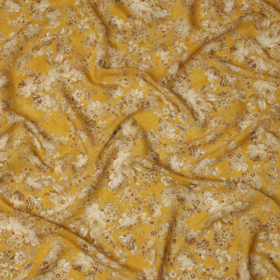 Mustard Beige All Over Floral Print Viscose Crepe Fabric, 110 Cms, India-D23476 - Regal Fabrics