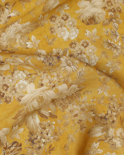 Mustard Beige All Over Floral Print Viscose Crepe Fabric, 110 Cms, India-D23476 - Regal Fabrics