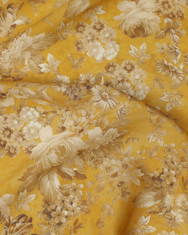 Mustard Beige All Over Floral Print Viscose Crepe Fabric, 110 Cms, India-D23476 - Regal Fabrics