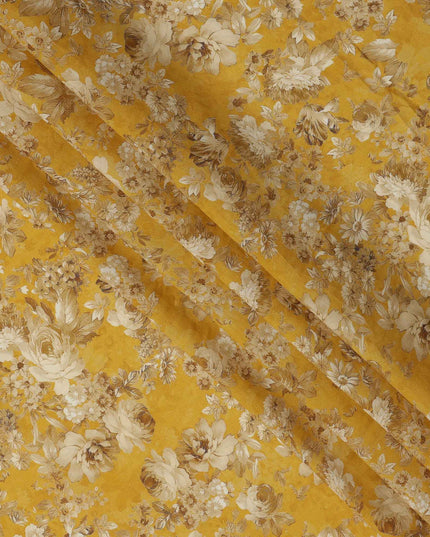 Mustard Beige All Over Floral Print Viscose Crepe Fabric, 110 Cms, India-D23476 - Regal Fabrics