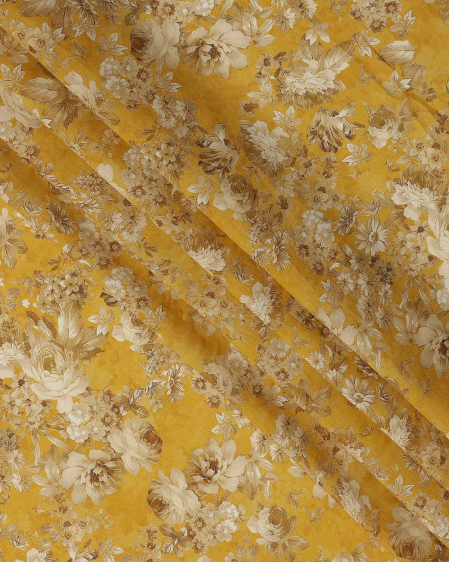 Mustard Beige All Over Floral Print Viscose Crepe Fabric, 110 Cms, India-D23476 - Regal Fabrics