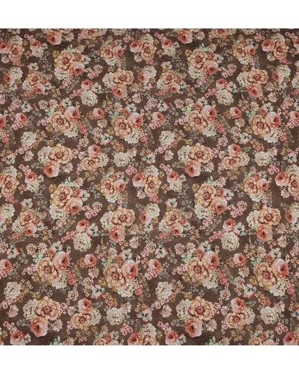 قماش كريب فيسكوز بطبعة زهور متعددة الألوان بلون القهوة والخوخ، 110 سم، الهند - D23477