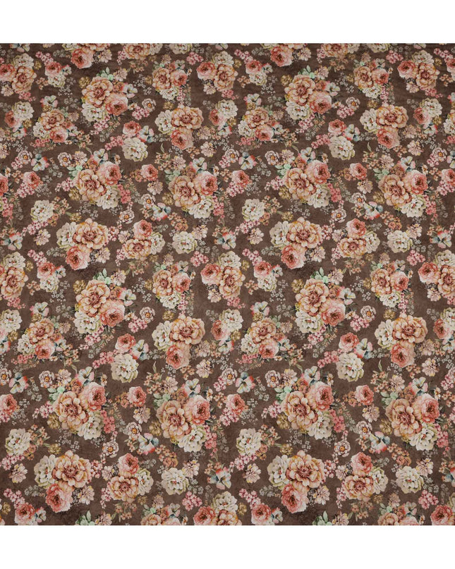 قماش كريب فيسكوز بطبعة زهور متعددة الألوان بلون القهوة والخوخ، 110 سم، الهند - D23477