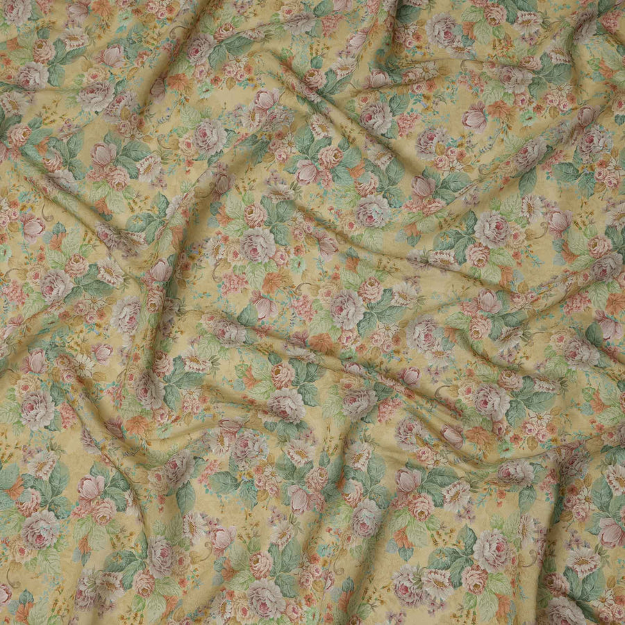Yellow Pastel Vintage Floral Print Viscose Crepe Fabric, 110 Cms, India-D23479 - Regal Fabrics