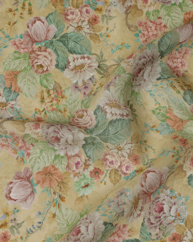 Yellow Pastel Vintage Floral Print Viscose Crepe Fabric, 110 Cms, India-D23479 - Regal Fabrics