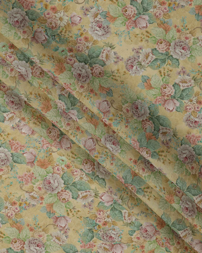 Yellow Pastel Vintage Floral Print Viscose Crepe Fabric, 110 Cms, India-D23479 - Regal Fabrics