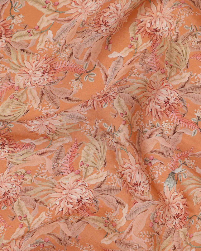 قماش كريب فيسكوز بطبعة زهور استوائية بلون برتقالي خوخي، 110 سم، الهند - D23480