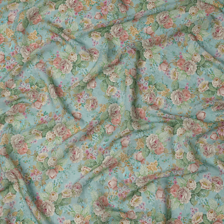 قماش كريب فيسكوز بطبعة حديقة ورود عتيقة باللون الأزرق المائي، 110 سم، الهند - D23482
