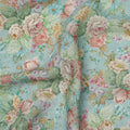 قماش كريب فيسكوز بطبعة حديقة ورود عتيقة باللون الأزرق المائي، 110 سم، الهند - D23482