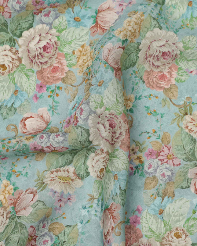 قماش كريب فيسكوز بطبعة حديقة ورود عتيقة باللون الأزرق المائي، 110 سم، الهند - D23482