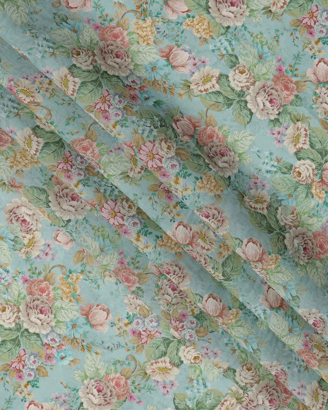 قماش كريب فيسكوز بطبعة حديقة ورود عتيقة باللون الأزرق المائي، 110 سم، الهند - D23482