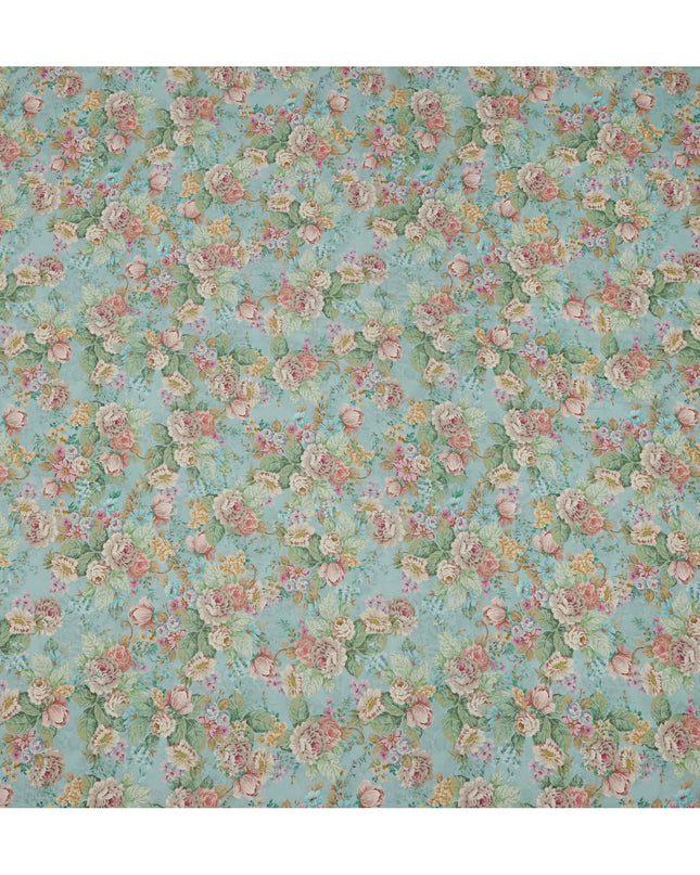 قماش كريب فيسكوز بطبعة حديقة ورود عتيقة باللون الأزرق المائي، 110 سم، الهند - D23482