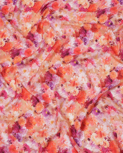 Peach-Orange Floral Burst Digital Print Silk Crepe Fabric, Vibrant Watercolor Design, 110 Cms Width, Made in India-D23745