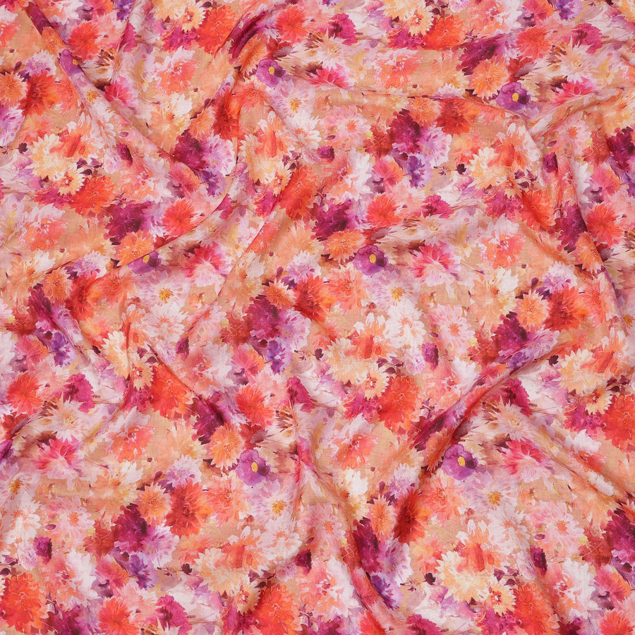 Peach-Orange Floral Burst Digital Print Silk Crepe Fabric, Vibrant Watercolor Design, 110 Cms Width, Made in India-D23745