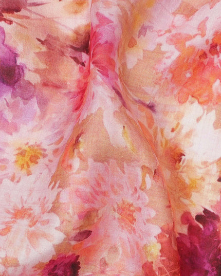 Peach-Orange Floral Burst Digital Print Silk Crepe Fabric, Vibrant Watercolor Design, 110 Cms Width, Made in India-D23745