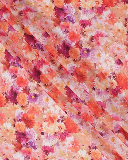 Peach-Orange Floral Burst Digital Print Silk Crepe Fabric, Vibrant Watercolor Design, 110 Cms Width, Made in India-D23745
