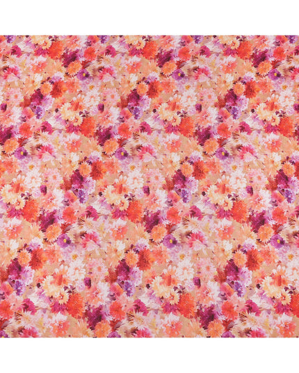 Peach-Orange Floral Burst Digital Print Silk Crepe Fabric, Vibrant Watercolor Design, 110 Cms Width, Made in India-D23745