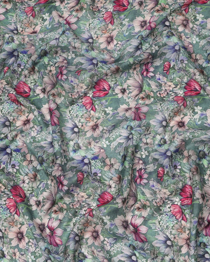 Sage Green Multicolor Botanical Floral Print Silk Crepe Fabric, Soft Digital Pattern, 110 Cms Width, Made in India-D23746