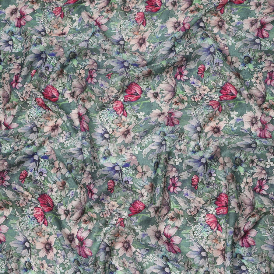 Sage Green Multicolor Botanical Floral Print Silk Crepe Fabric, Soft Digital Pattern, 110 Cms Width, Made in India-D23746