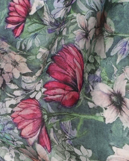 Sage Green Multicolor Botanical Floral Print Silk Crepe Fabric, Soft Digital Pattern, 110 Cms Width, Made in India-D23746