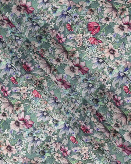 Sage Green Multicolor Botanical Floral Print Silk Crepe Fabric, Soft Digital Pattern, 110 Cms Width, Made in India-D23746