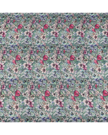 Sage Green Multicolor Botanical Floral Print Silk Crepe Fabric, Soft Digital Pattern, 110 Cms Width, Made in India-D23746