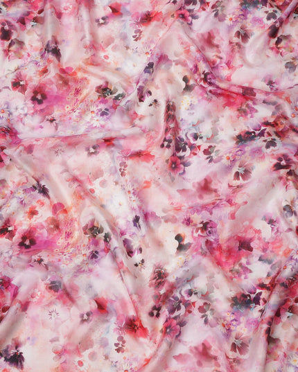 Blush Pink and Fuchsia Watercolor Floral Print Silk Crepe Fabric, Soft Digital Design, 110 Cms Width, Made in India-D23747