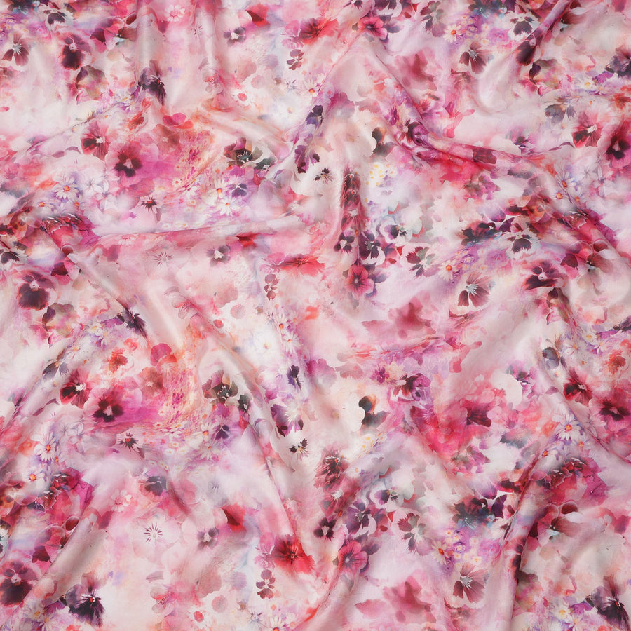 Blush Pink and Fuchsia Watercolor Floral Print Silk Crepe Fabric, Soft Digital Design, 110 Cms Width, Made in India-D23747