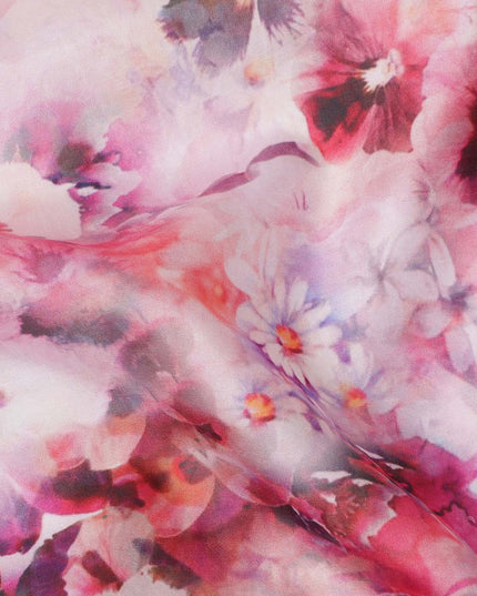 Blush Pink and Fuchsia Watercolor Floral Print Silk Crepe Fabric, Soft Digital Design, 110 Cms Width, Made in India-D23747