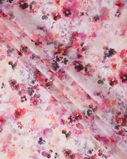 Blush Pink and Fuchsia Watercolor Floral Print Silk Crepe Fabric, Soft Digital Design, 110 Cms Width, Made in India-D23747