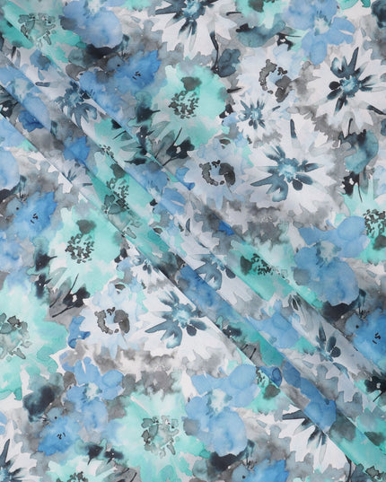 قماش كريب حريري بطبعة زهور مائية باللون الأزرق المائي والرمادي، بنمط فني ناعم، عرض 110 سم، صنع في الهند - D23748
