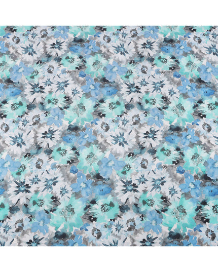قماش كريب حريري بطبعة زهور مائية باللون الأزرق المائي والرمادي، بنمط فني ناعم، عرض 110 سم، صنع في الهند - D23748