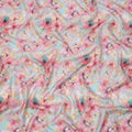 Sky Blue and Pink Tropical Floral Sketch Print Silk Crepe Fabric, Soft Digital Artistic Design, 110 Cms Width, Made in India-D23749