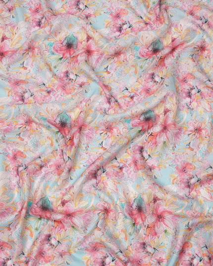 Sky Blue and Pink Tropical Floral Sketch Print Silk Crepe Fabric, Soft Digital Artistic Design, 110 Cms Width, Made in India-D23749