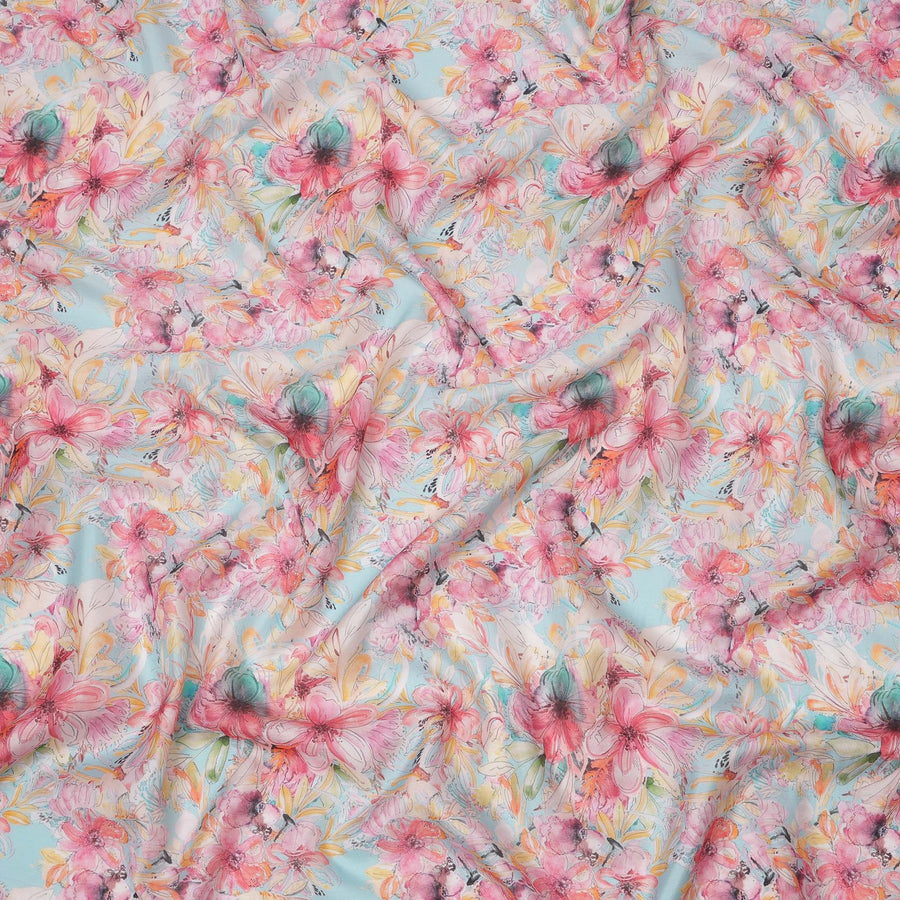 Sky Blue and Pink Tropical Floral Sketch Print Silk Crepe Fabric, Soft Digital Artistic Design, 110 Cms Width, Made in India-D23749