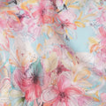 Sky Blue and Pink Tropical Floral Sketch Print Silk Crepe Fabric, Soft Digital Artistic Design, 110 Cms Width, Made in India-D23749