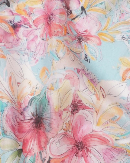 Sky Blue and Pink Tropical Floral Sketch Print Silk Crepe Fabric, Soft Digital Artistic Design, 110 Cms Width, Made in India-D23749