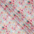 Sky Blue and Pink Tropical Floral Sketch Print Silk Crepe Fabric, Soft Digital Artistic Design, 110 Cms Width, Made in India-D23749