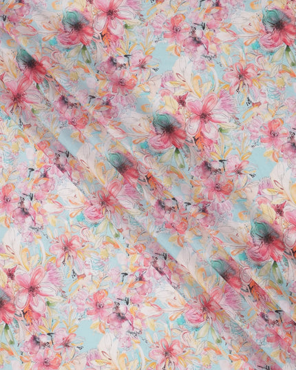 Sky Blue and Pink Tropical Floral Sketch Print Silk Crepe Fabric, Soft Digital Artistic Design, 110 Cms Width, Made in India-D23749