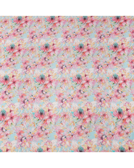 Sky Blue and Pink Tropical Floral Sketch Print Silk Crepe Fabric, Soft Digital Artistic Design, 110 Cms Width, Made in India-D23749