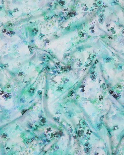 Mint Green and Teal Abstract Floral Print Silk Crepe Fabric, Soft Watercolor Digital Design, 110 Cms Width, Made in India-D23750