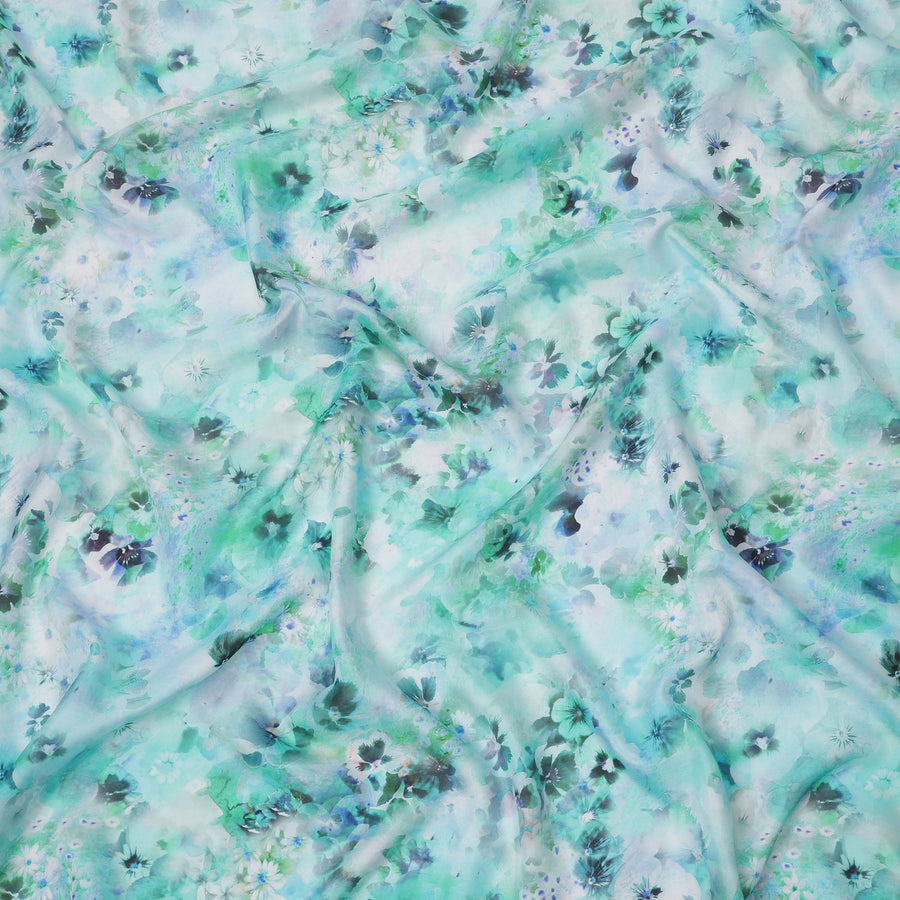 Mint Green and Teal Abstract Floral Print Silk Crepe Fabric, Soft Watercolor Digital Design, 110 Cms Width, Made in India-D23750