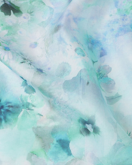 Mint Green and Teal Abstract Floral Print Silk Crepe Fabric, Soft Watercolor Digital Design, 110 Cms Width, Made in India-D23750