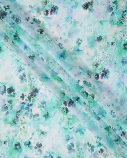 Mint Green and Teal Abstract Floral Print Silk Crepe Fabric, Soft Watercolor Digital Design, 110 Cms Width, Made in India-D23750