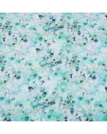 Mint Green and Teal Abstract Floral Print Silk Crepe Fabric, Soft Watercolor Digital Design, 110 Cms Width, Made in India-D23750
