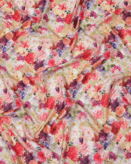 Pastel Yellow Multicolor Floral Explosion Print Silk Crepe Fabric, Artistic Digital Design, 110 Cms Width, Made in India-D23751