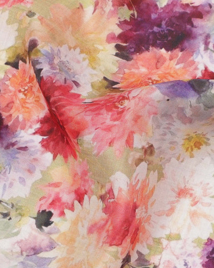 Pastel Yellow Multicolor Floral Explosion Print Silk Crepe Fabric, Artistic Digital Design, 110 Cms Width, Made in India-D23751