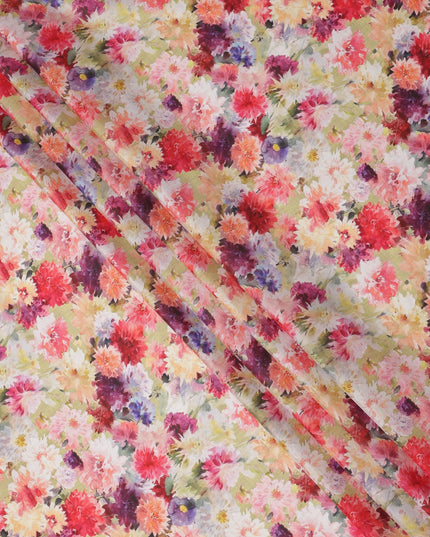 Pastel Yellow Multicolor Floral Explosion Print Silk Crepe Fabric, Artistic Digital Design, 110 Cms Width, Made in India-D23751